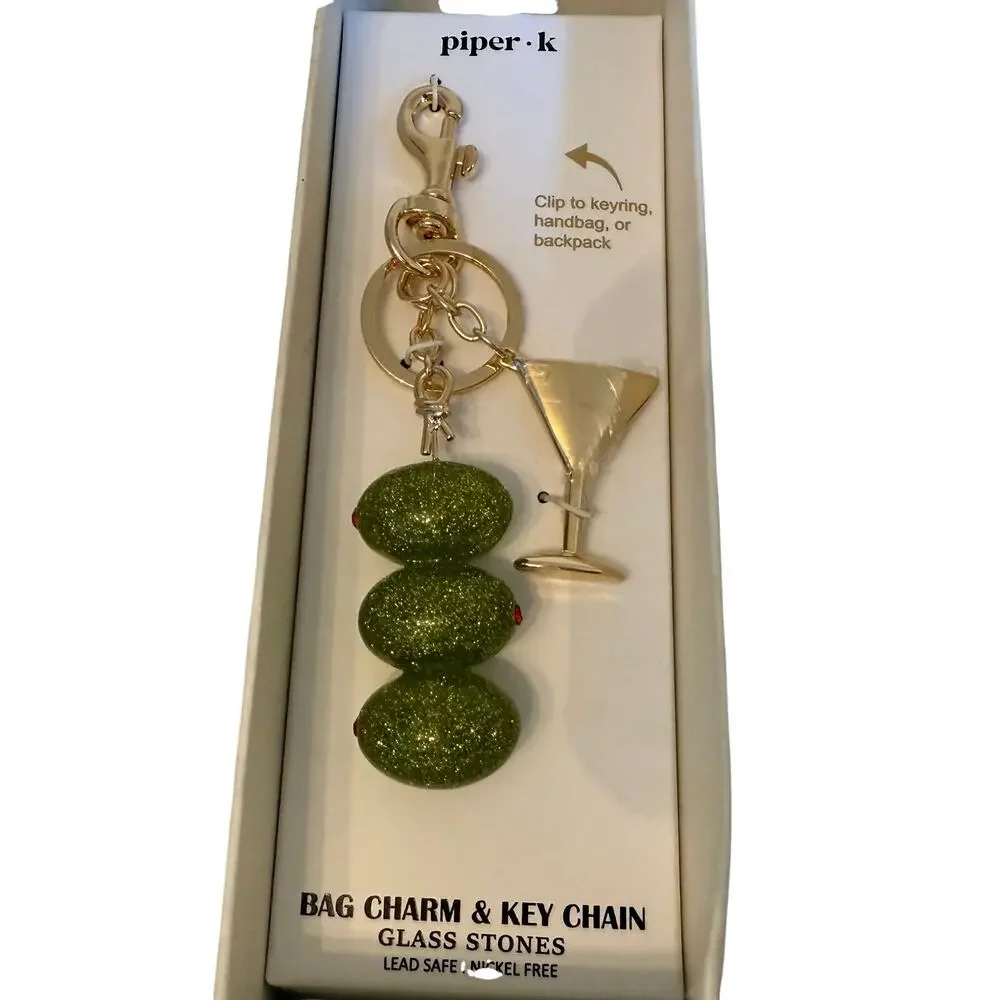 Piper K Martini Olive Bag Charm Keychain + Earrings Set Green Glitter - NWT